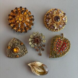 Vintage Lot of 6 Brooches Gold Tone Rhinestones